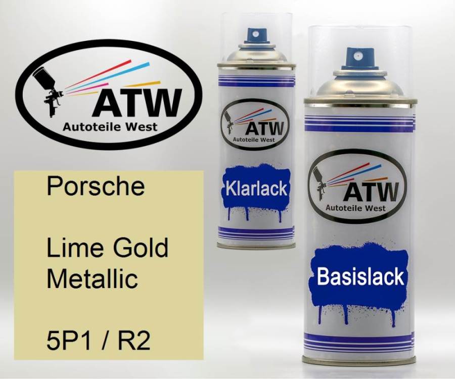 Porsche, Lime Gold Metallic, 5P1 / R2: 400ml Sprühdose + 400ml Klarlack - Set, von ATW Autoteile West.